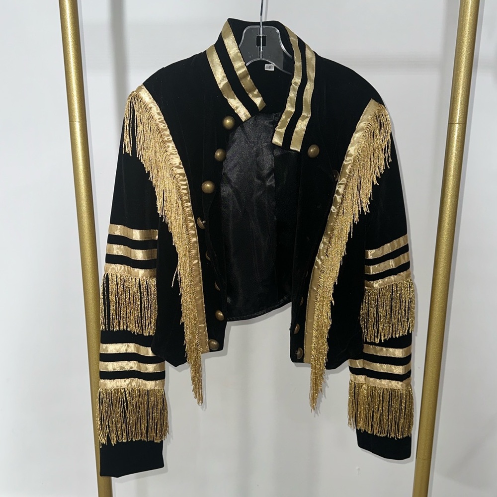 Black Velvet Fringe Military-Inspired Jacket with Gold Trim